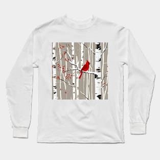 Minimalist Scandinavian Art Winter Birch Tree Red Cardinal Long Sleeve T-Shirt